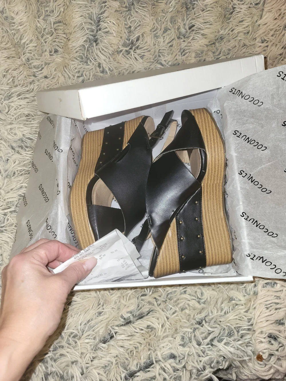 Coconuts by Matisse Black Crisscross Wedge Sandals with Tan Platform